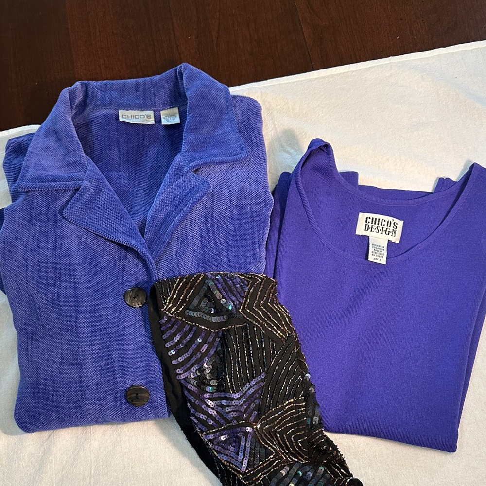Chico's Royal Blue Jacket, Chico's Tank, & Vintage Chico's Sequin Scarf SET SZ 2